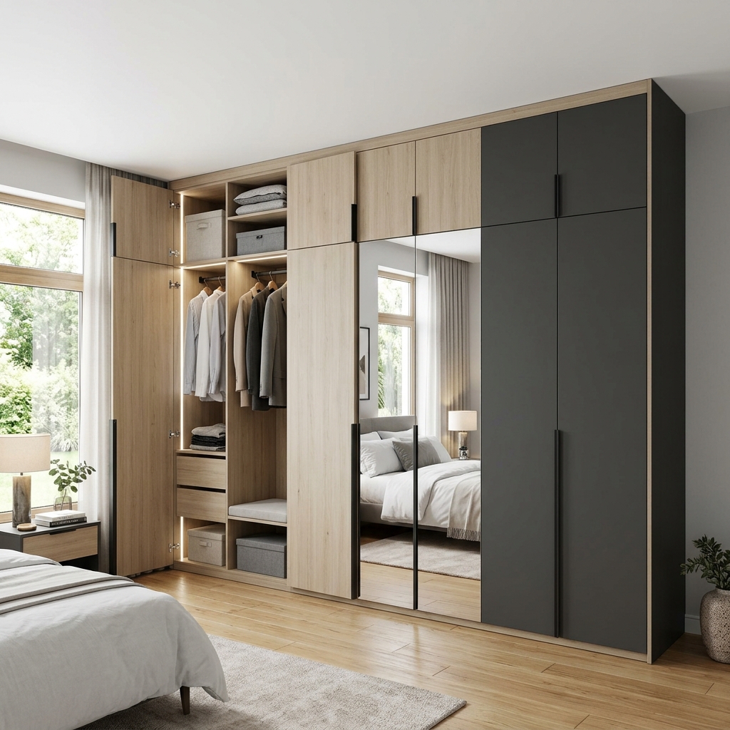 Không gian phòng ngủ bố trí tủ quần áo melamine cửa lùa