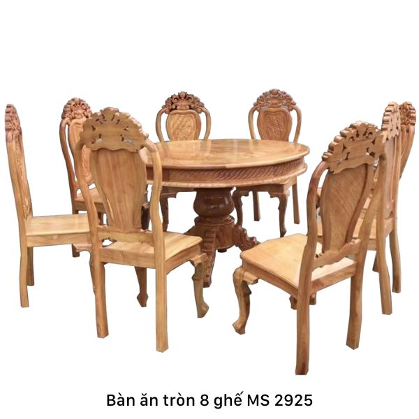 Bộ bàn ăn tròn 8 ghế gỗ gõ đỏ tự nhiên 100%