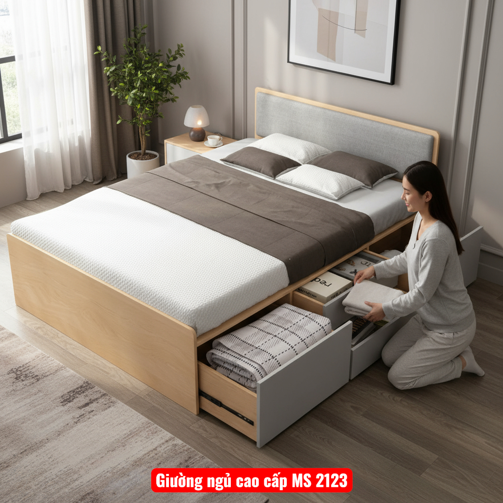 Giường có ngăn kéo MS 2123 9 Thiết kế hiện đại của giường ngủ có ngăn kéo tiết kiệm không gian
