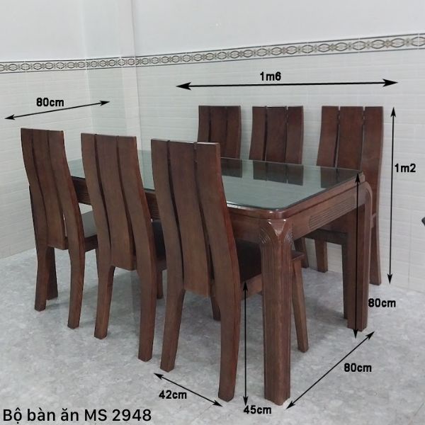 Kích thước bộ bàn ăn 6 ghế gỗ tự nhiên