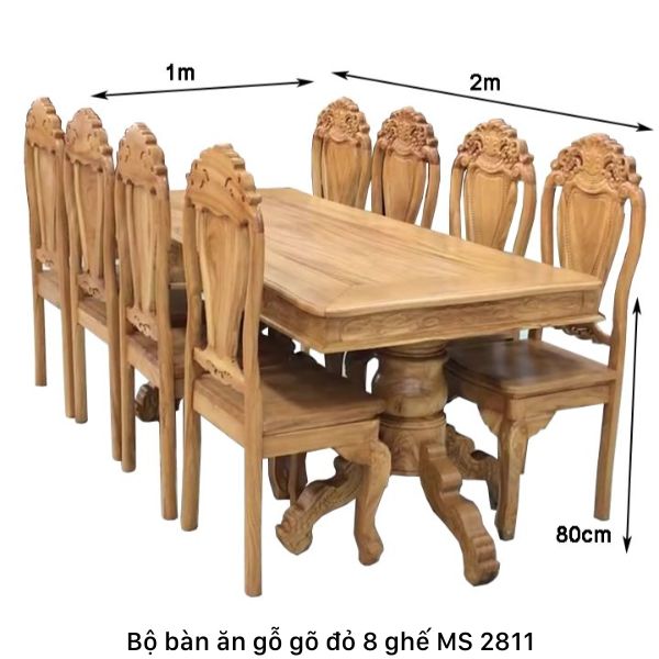 Kích thước bộ bàn ăn gỗ gõ đỏ 8 ghế