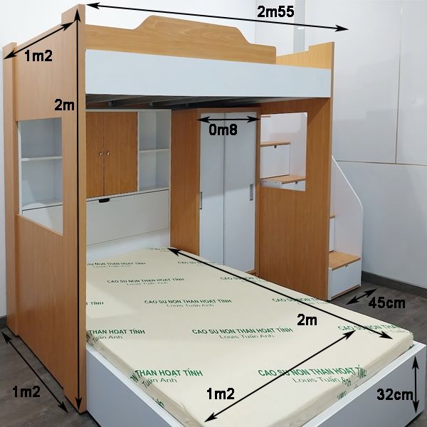 Kích thước giường tầng kết hợp tủ áo