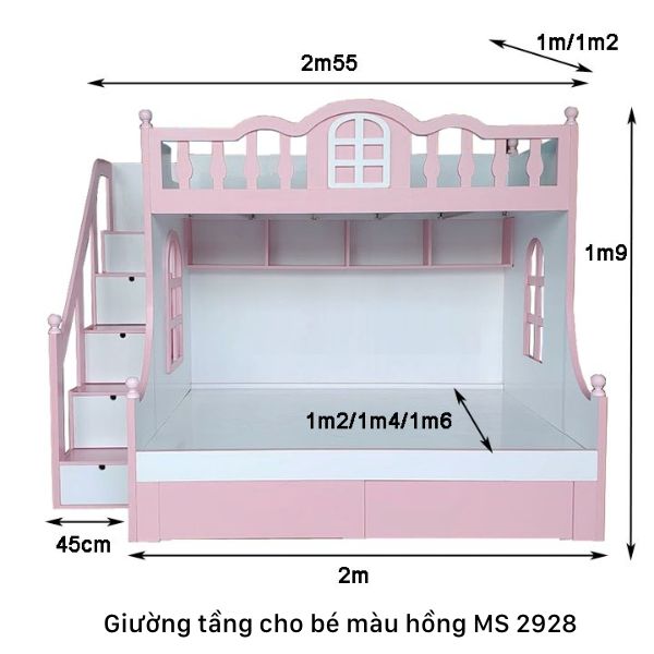 Kích thước giường tầng cho bé màu hồng