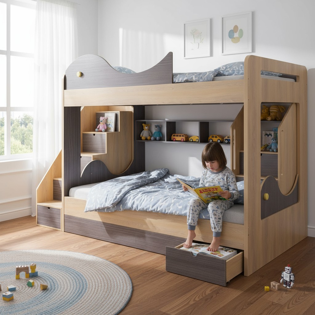 Giường tầng cho bé hình cá heo MS 3175 6 Giường tầng hình cá heo tiết kiệm không gian phòng bé