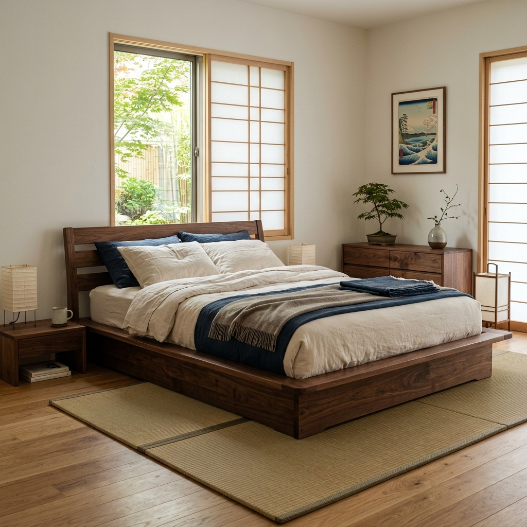 Top 15+ kiểu giường gỗ hiện đại đẹp nhất, sang trọng cho phòng ngủ 2026 12 Giường gỗ óc chó kiểu Nhật thiết kế thấp sàn đẹp mắt