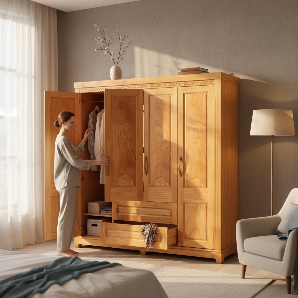 Tủ treo quần áo gỗ tự nhiên hiện đại cho phòng ngủ nhỏ