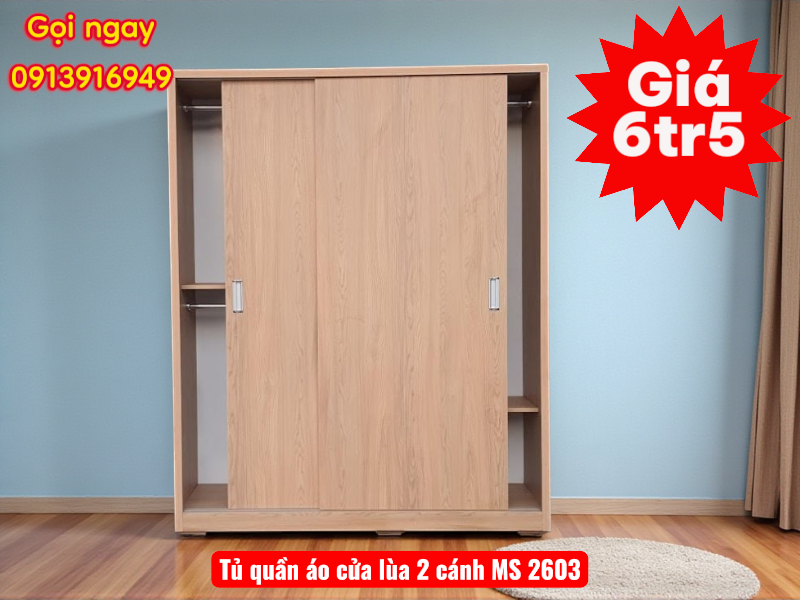 Tủ quần áo 2 cửa lùa hiện đại | Mã số 2603 | Giá 6tr5 1 Tủ quần áo 2 cửa lùa