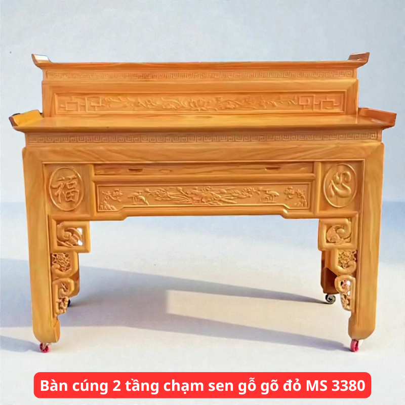 Bàn cúng 2 tầng chạm sen gỗ gõ đỏ MS 3380 1 Bàn cúng 2 tầng chạm sen gỗ gõ đỏ MS 3380