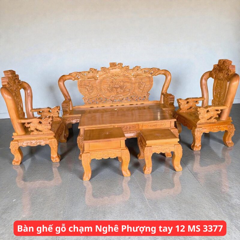 Bàn ghế salon gỗ chạm Nghê Phượng tay 12 MS 3377 1 Bàn ghế salon gỗ chạm Nghê Phượng tay 12 MS 3377