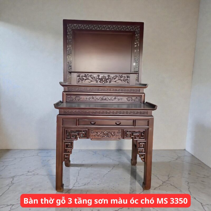 Bàn thờ gỗ 3 tầng sơn màu óc chó sang trọng MS 3350 1 Bàn thờ gỗ 3 tầng sơn màu óc chó sang trọng MS 3350