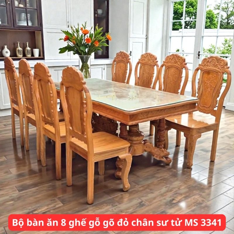 Bộ bàn ăn 8 ghế gỗ gõ đỏ chân sư tử MS 3341 1 Bộ bàn ăn 8 ghế gỗ gõ đỏ chân sư tử MS 3341