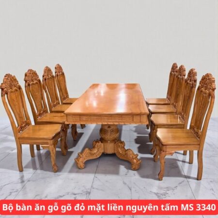 Bộ bàn ăn gỗ gõ đỏ mặt liền nguyên tấm 3 phân MS 3340