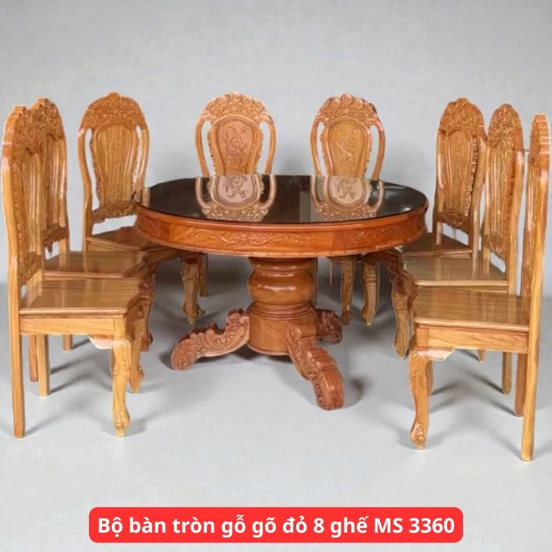 Bộ bàn tròn gỗ gõ đỏ 8 ghế MS 3360 1 Bộ bàn tròn gỗ gõ đỏ 8 ghế MS 3360