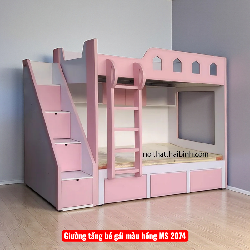 Giường tầng bé gái màu hồng MS 2074 1 Giường tầng bé gái màu hồng MS 2074
