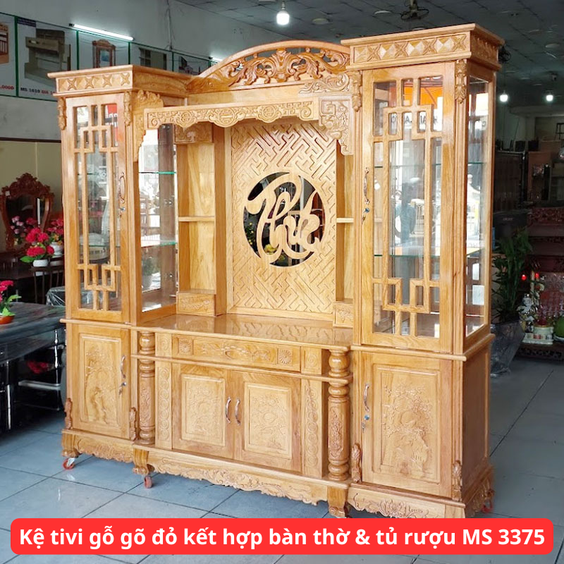Kệ tivi gỗ gõ đỏ kết hợp bàn thờ & tủ rượu MS 3375 1 Kệ tivi gỗ gõ đỏ kết hợp bàn thờ & tủ rượu MS 3375