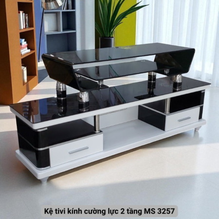 Trường kỷ gỗ gõ đỏ MS 2776 18 Kệ tivi kính cường lực 2 tầng MS 3257