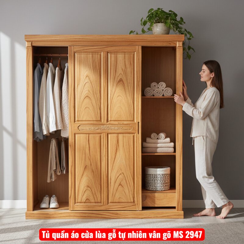 Tủ quần áo cửa lùa gỗ tự nhiên vân gõ MS 2947 1 Tủ quần áo cửa lùa gỗ tự nhiên vân gõ MS 2947