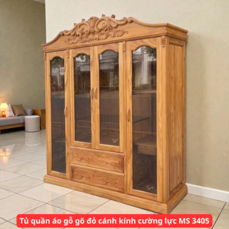 Tủ quần áo gỗ gõ đỏ cánh kính cường lực MS 3405