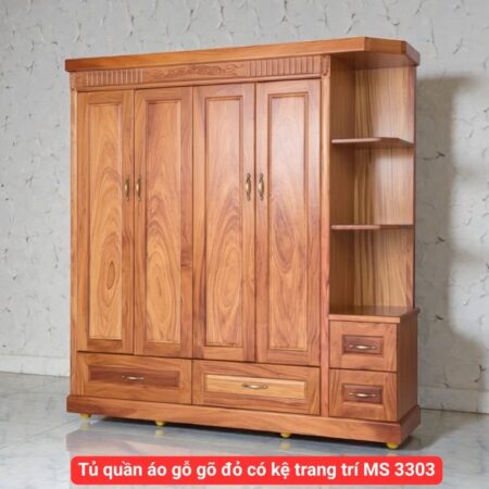 Tủ quần áo gỗ gõ đỏ có kệ trang trí MS 3303