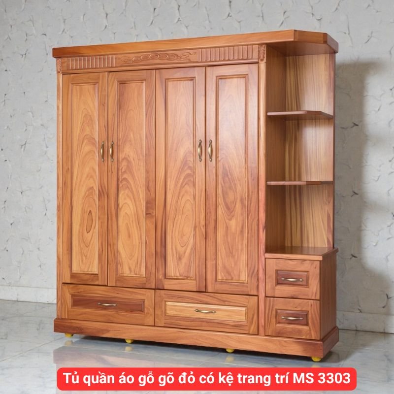 Tủ quần áo gỗ gõ đỏ có kệ trang trí MS 3303 1 Tủ quần áo gỗ gõ đỏ có kệ trang trí MS 3303