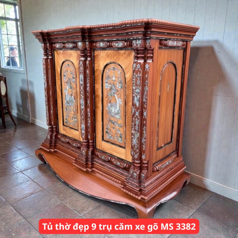 Tủ thờ đẹp 9 trụ căm xe gõ MS 3382 1 Tủ thờ đẹp 9 trụ căm xe gõ MS 3382