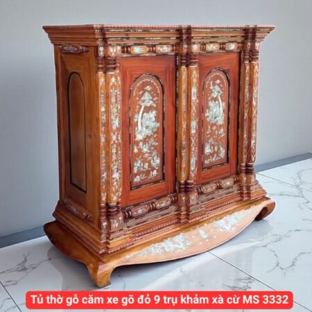 Tủ thờ gỗ căm xe gõ đỏ 9 trụ khảm xà cừ MS 3332