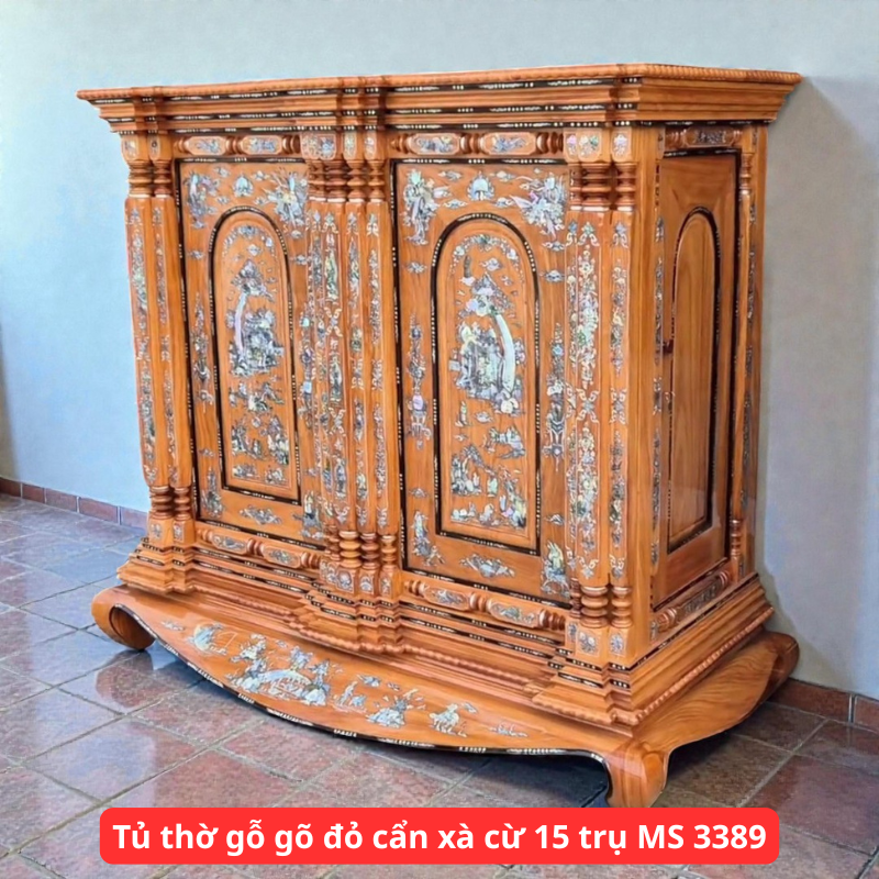 Tủ thờ gỗ gõ đỏ cẩn xà cừ 15 trụ MS 3389 1 Tủ thờ gỗ gõ đỏ cẩn xà cừ 15 trụ MS 3389