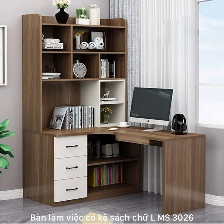 Bàn làm việc chữ L có kệ sách MS 3026 1 Bàn làm việc chữ L có kệ sách MS 3026