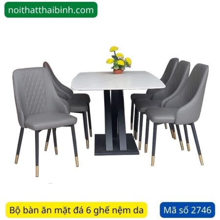 Bộ bàn ăn mặt đá 6 ghế da MS 2746