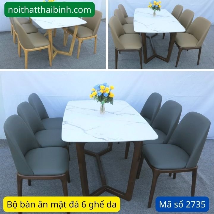 Bộ bàn ăn mặt đá 6 ghế da MS 2735 1 Bộ bàn ăn mặt đá 6 ghế da MS 2735