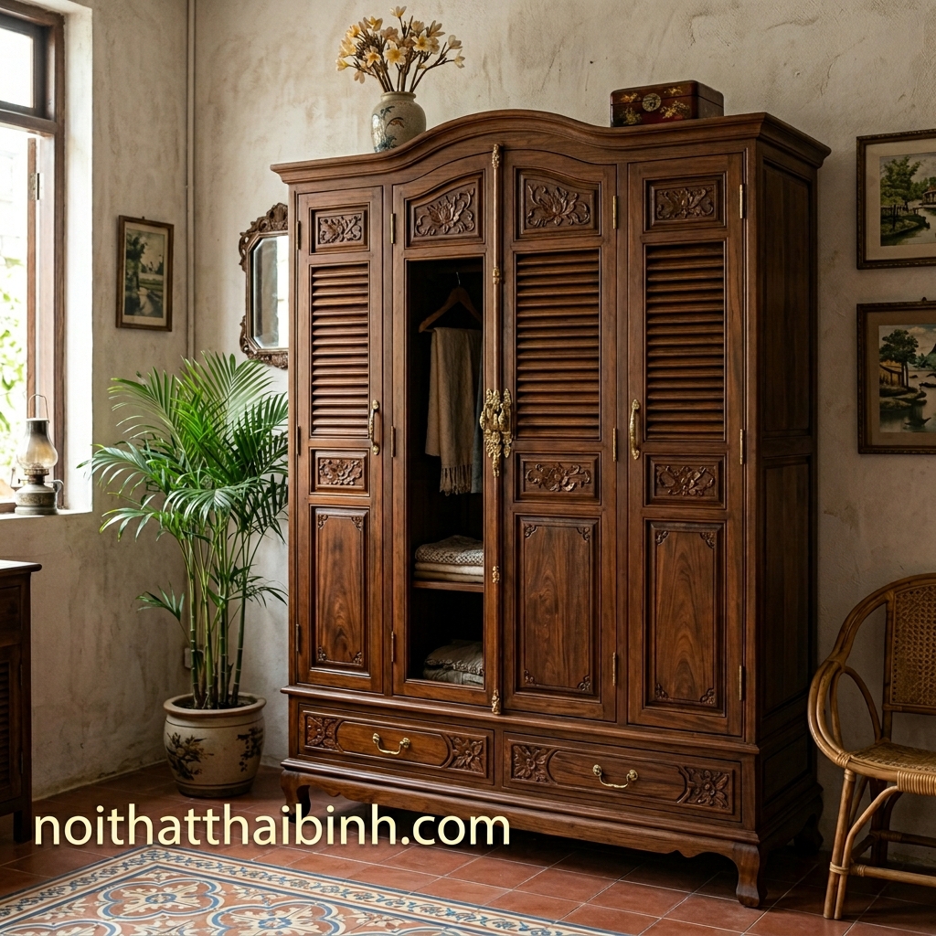 Tủ Quần Áo Phong Cách Indochine Gỗ Trầm Ấm