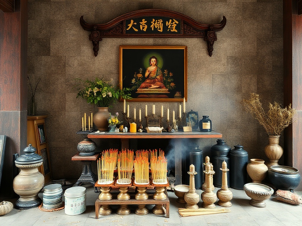 5 Cách Cải Thiện Không Gian Quanh Bàn Thờ Hiệu Quả và Tinh Tế 2 bàn thờ truyền thống với nến và hương