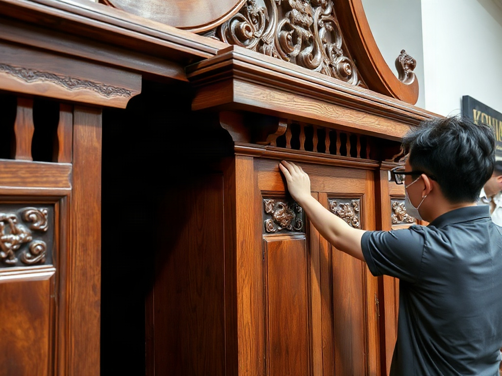 Khách hàng kiểm tra vân gỗ tủ thờ