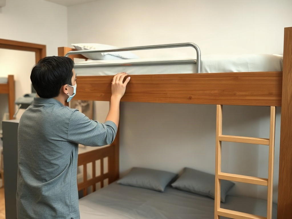 Kiểm tra bề mặt giường tầng tại showroom