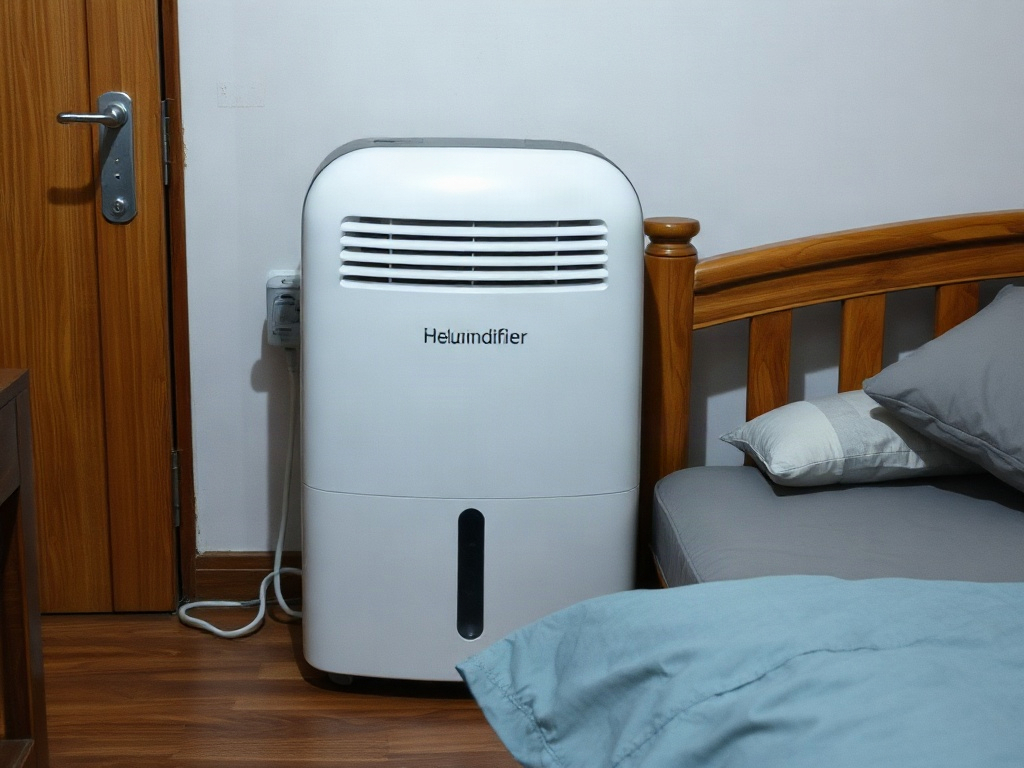Máy hút ẩm đặt cạnh giường gỗ