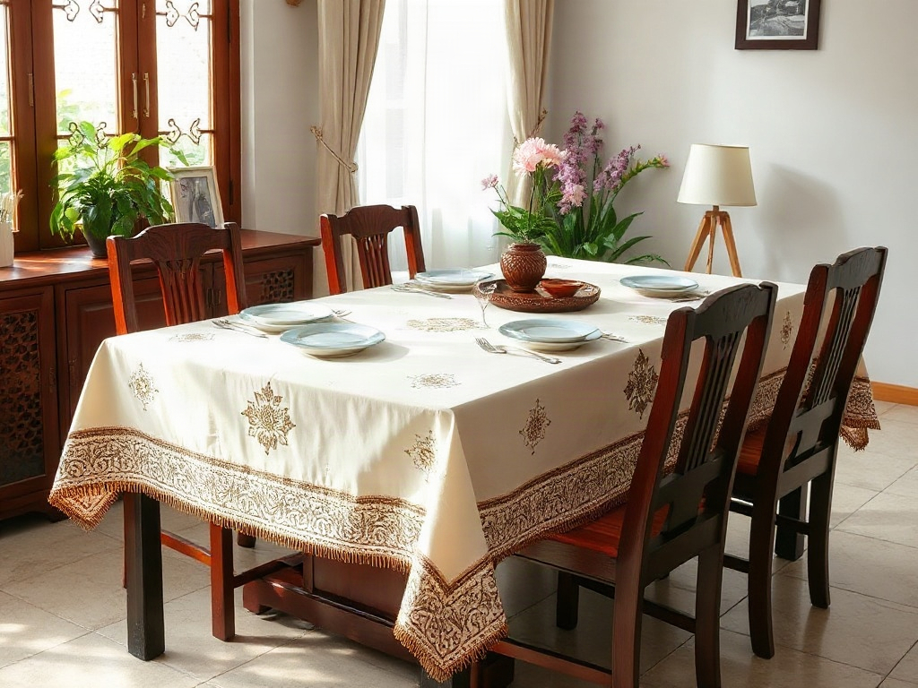 7 Cách Giảm Bụi Trên Bàn Ăn Gỗ Hiệu Quả Và Dễ Thực Hiện 14 Sử dụng khăn trải bàn để bảo vệ bàn ăn gỗ