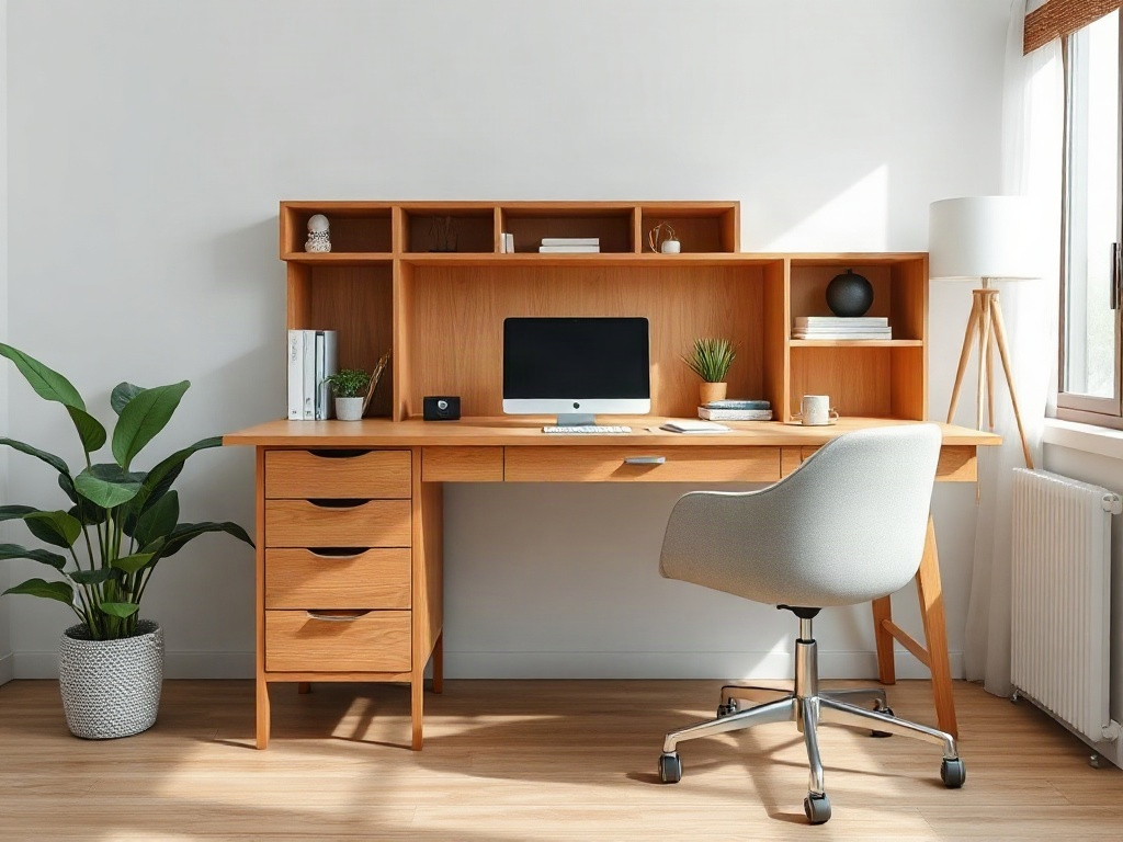 Bàn làm việc gỗ sạch sẽ trong văn phòng hiện đại