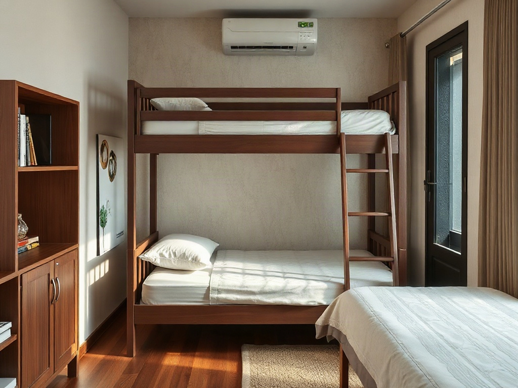 Giường tầng gần tường và đồ nội thất khác