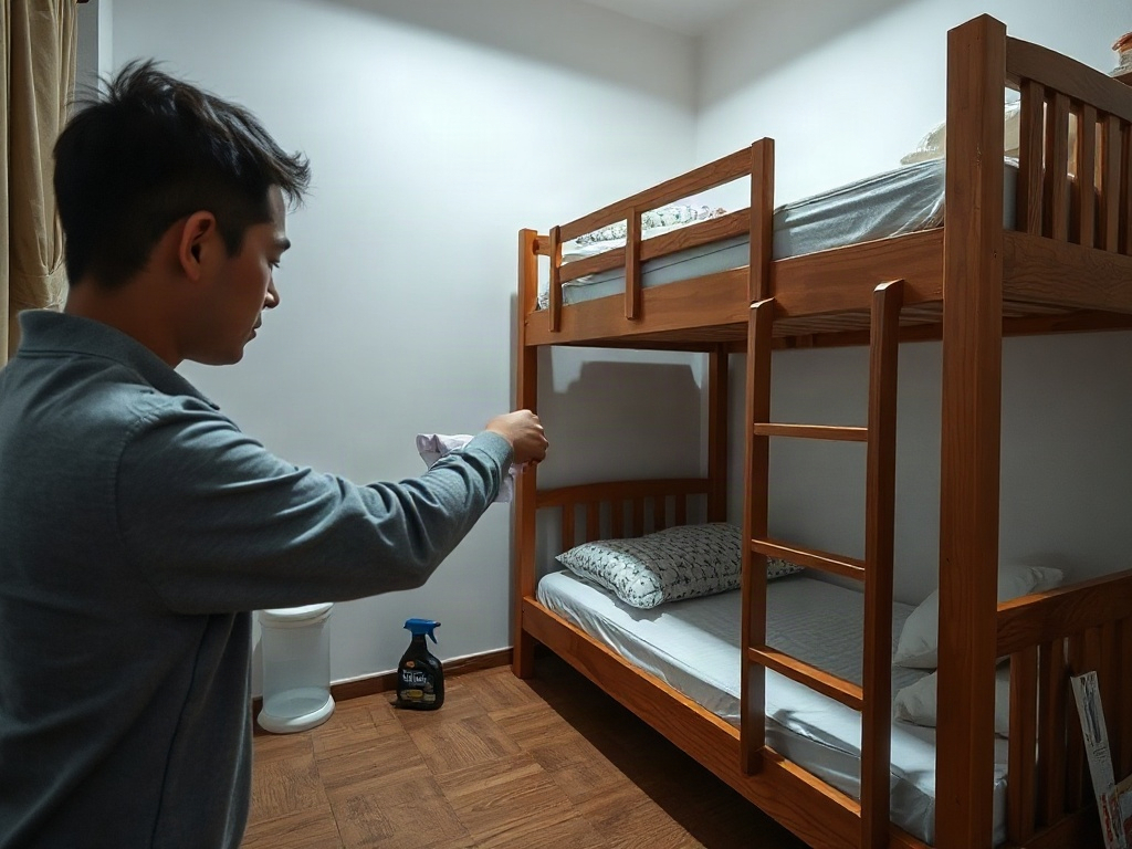 Làm sạch giường tầng bằng khăn mềm và dung dịch nhẹ