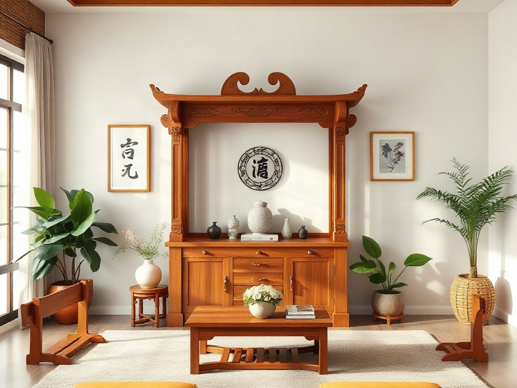Mẫu bàn thờ đẹp - Gợi ý 6: Mẫu bàn thờ đẹp treo tường tối ưu diện tích chung cư