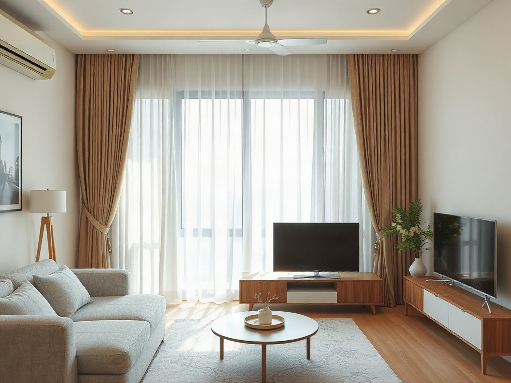 6 Mẹo giữ kệ tivi luôn sáng bóng và bền đẹp theo thời gian 22 Phòng khách hiện đại với rèm cửa bảo vệ kệ tivi