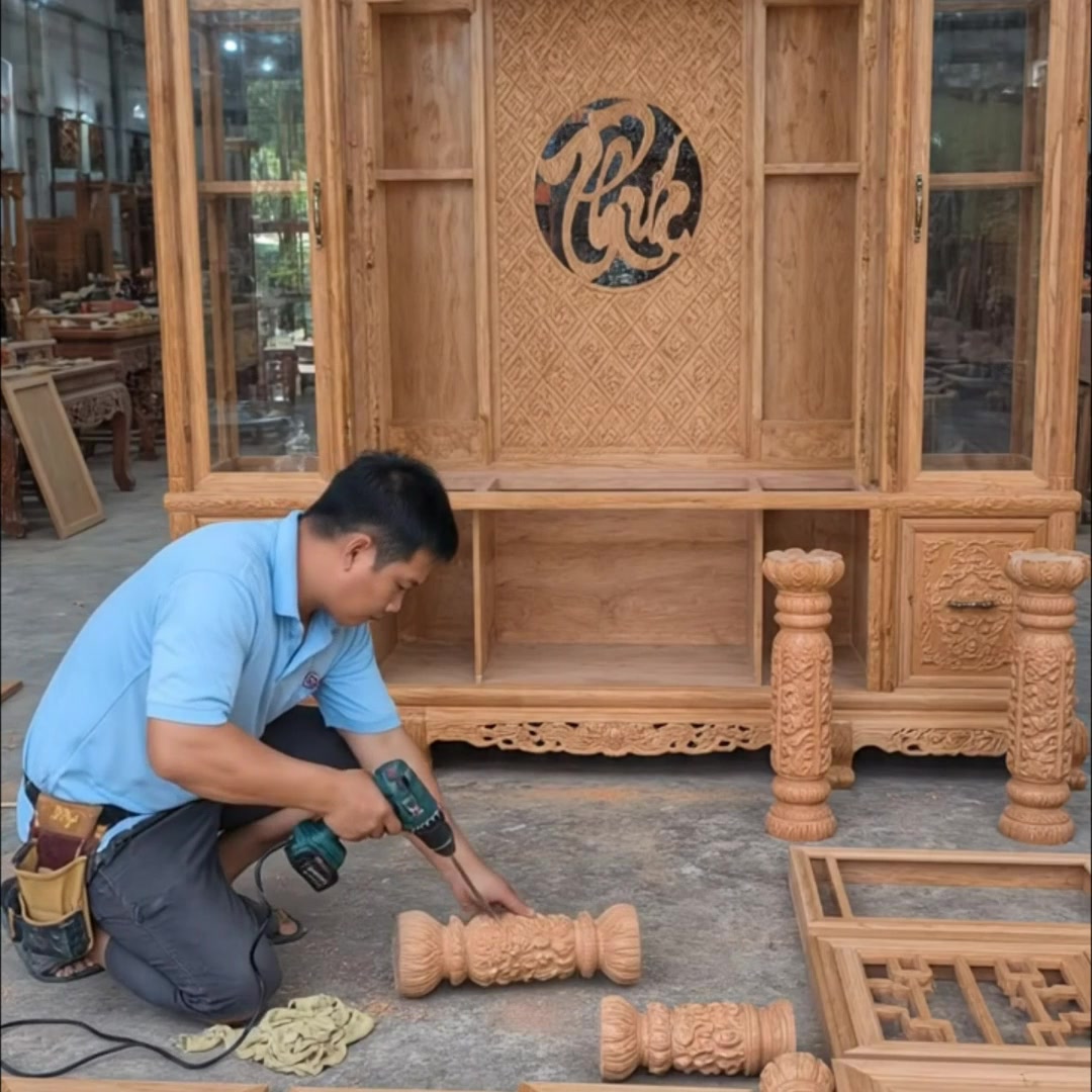 Quy trình sản xuất tủ thờ gỗ chạm khắc đẹp từ xưởng đến nhà khách 3 Chạm khắc hoa văn và lắp ráp tủ thờ gỗ