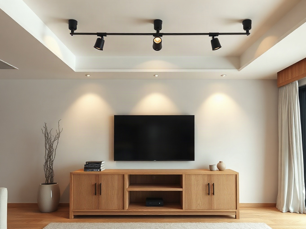 5 Cách Tận Dụng Ánh Sáng Cho Kệ Tivi Giúp Phòng Khách Đẹp Sang 16 Đèn rọi trần chiếu sáng kệ tivi gỗ tự nhiên - cách tận dụng ánh sáng cho kệ tivi